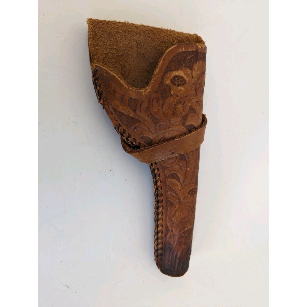 Vintage Western Tooled Leather Revolver Holster Floral Hand Laced Brown 10"